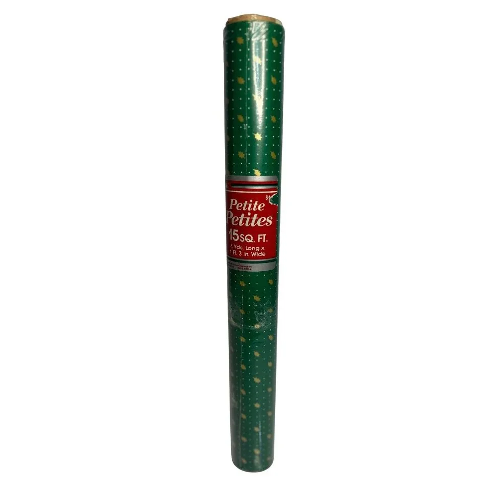 VTG Petite Petites Green Wrapping Paper Roll 15‎ Sq Ft Gold Star Gift Wrap 4yd